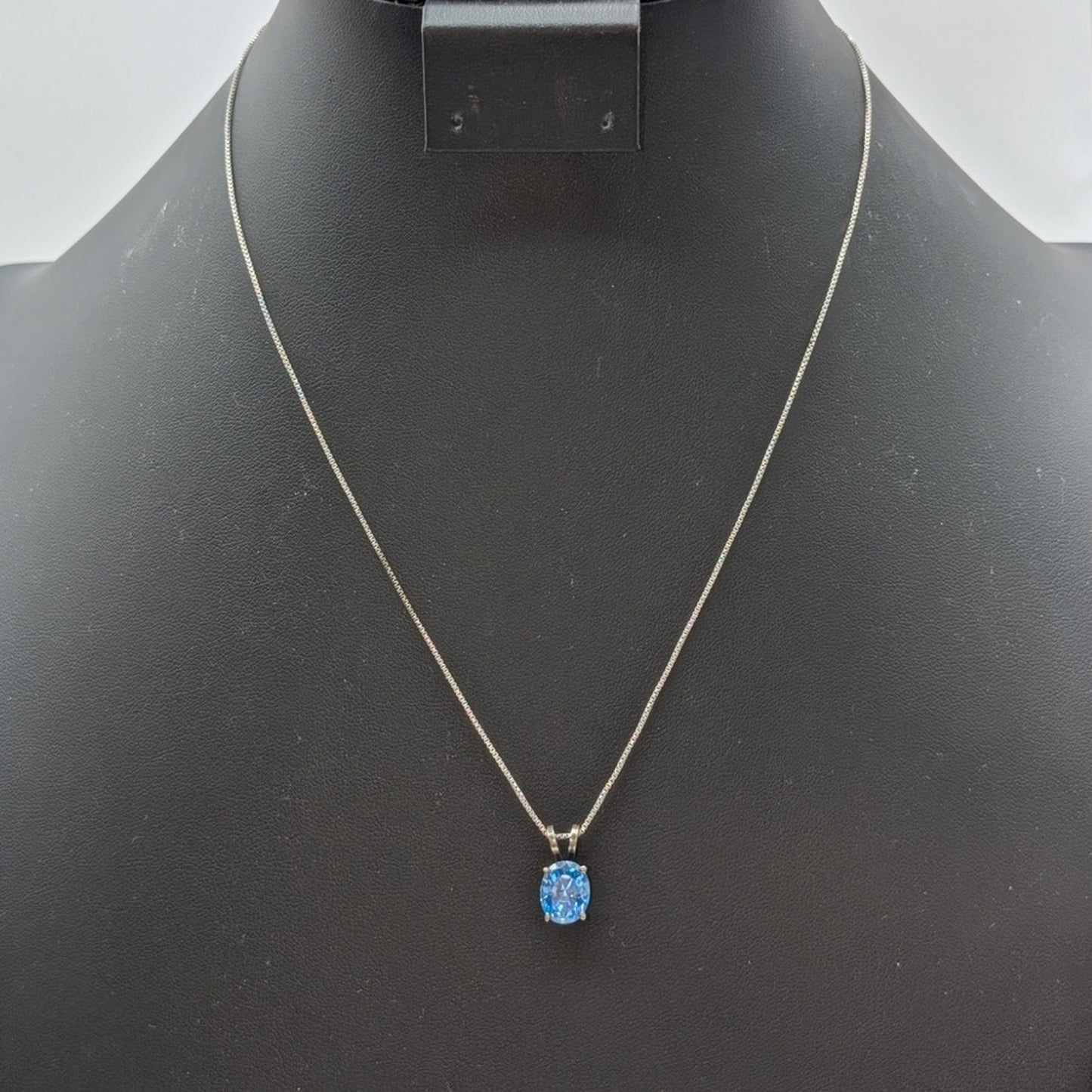 Vtg 925 Sterling Brilliant Blue Crystal Solitaire Pendant Box Chain Necklace