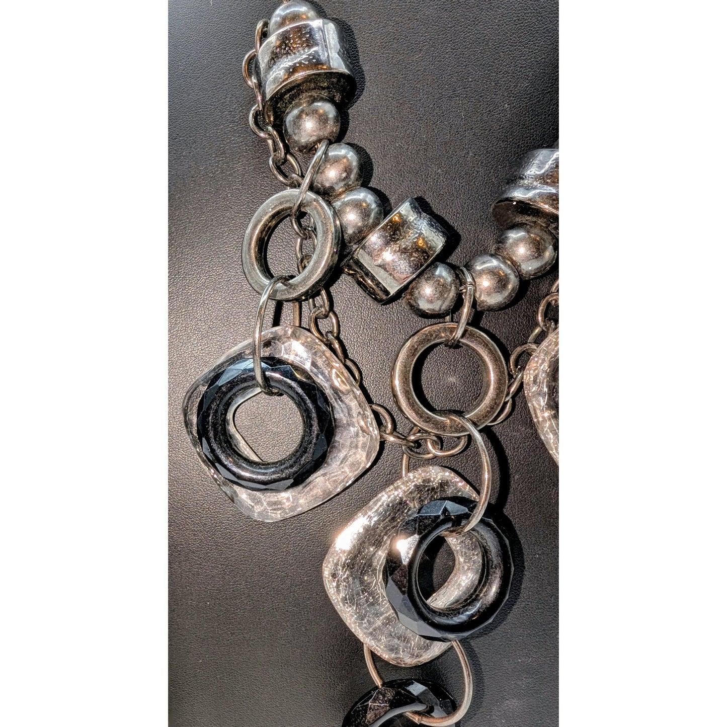 Chunky Geometrical Gun Metal Crackled Clear & Black Loopy Bead Chain Necklace