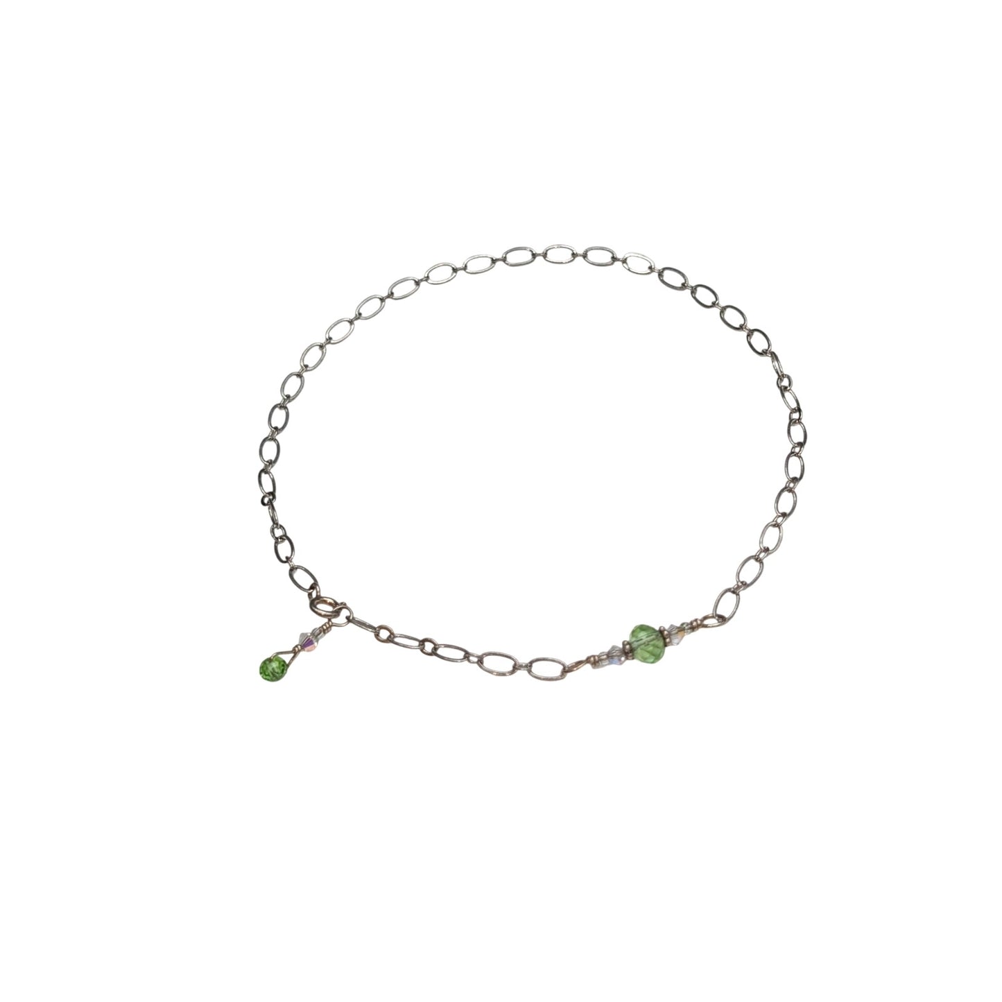 925 Sterling Marked Delicate Chain Green Crystal Bead Bracelet