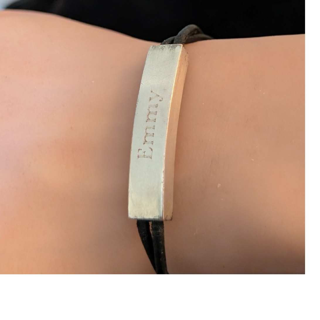 Silver Tone Leather Cord Engraved 'Emmy' Bracelet