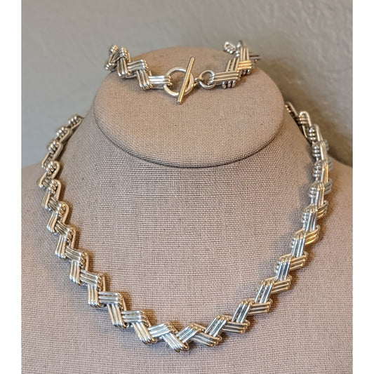Vintage Mexico Modernist 925Sterling Silver Solid Zig Zag Necklace Bracelet Set
