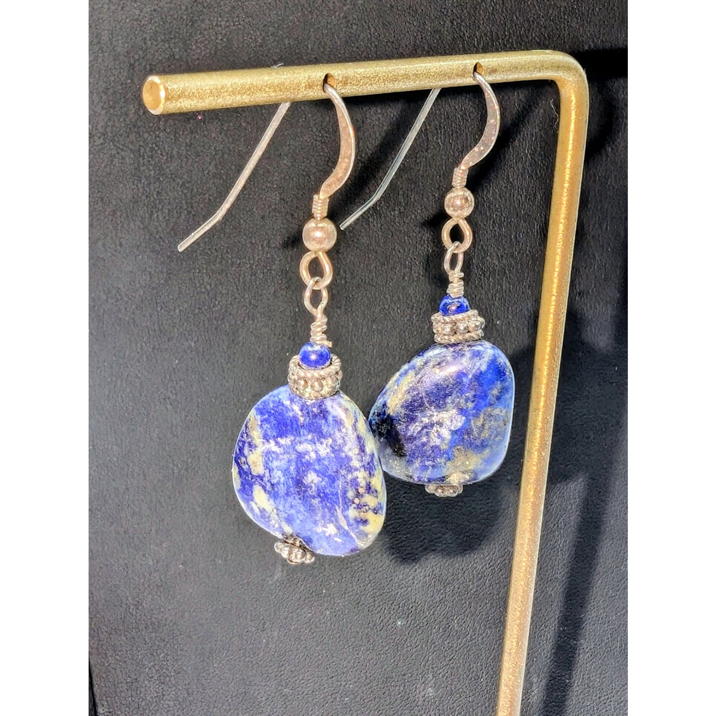 Vintage Denim Lapis Lazuli Stone 925 Sterling Silver Dangle Earrings