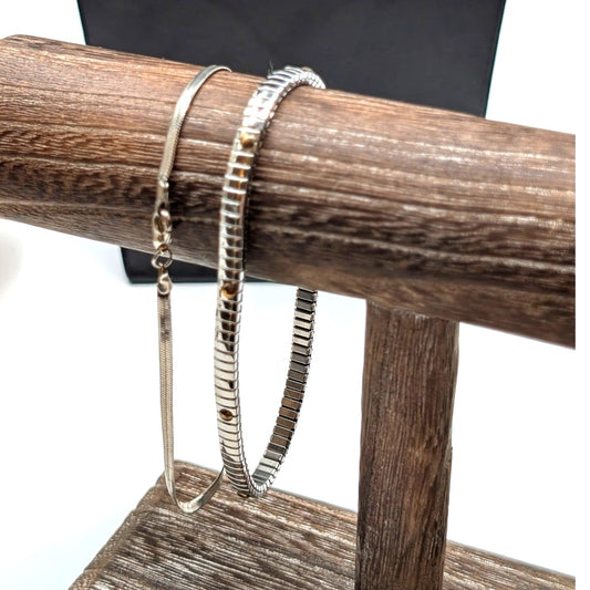 Two Tone Stretch & Silver Tone Herringbone Ankle Bracelets