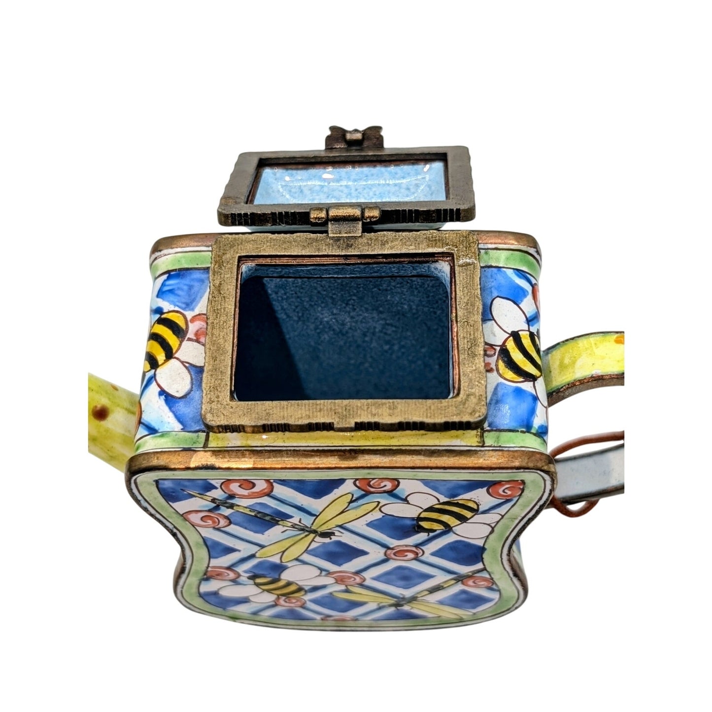 Kelvin Chen VTG Bees & Dragonflies Hand Painted Enamel Brass Collectible Teapot
