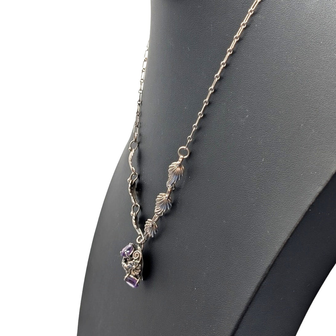 Vintage 925 Sterling Silver Purple Gemstone Leaf Flower Design 20" Necklace