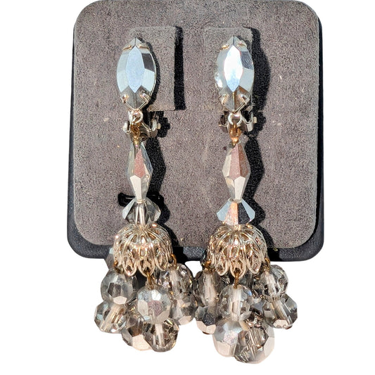Lewis Segal California VTG Clip On Chandelier Metallic Crystal Dangle Earrings