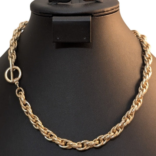 Gold Tone Textured Oval Link Necklace W/ Toggle Clasp
