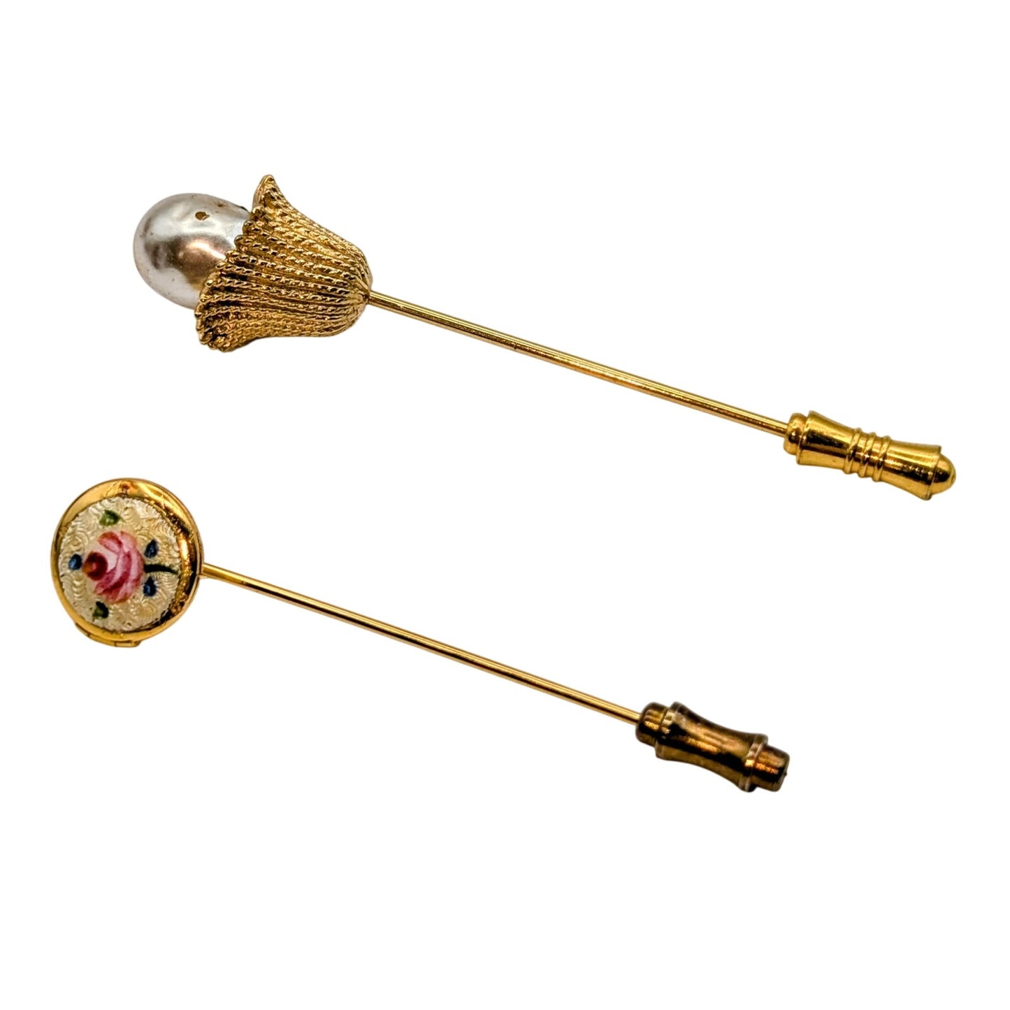 Lot of Two Vintage Gold Tone Stick Pins One Faux Pearl & One Enamel Rose Locket