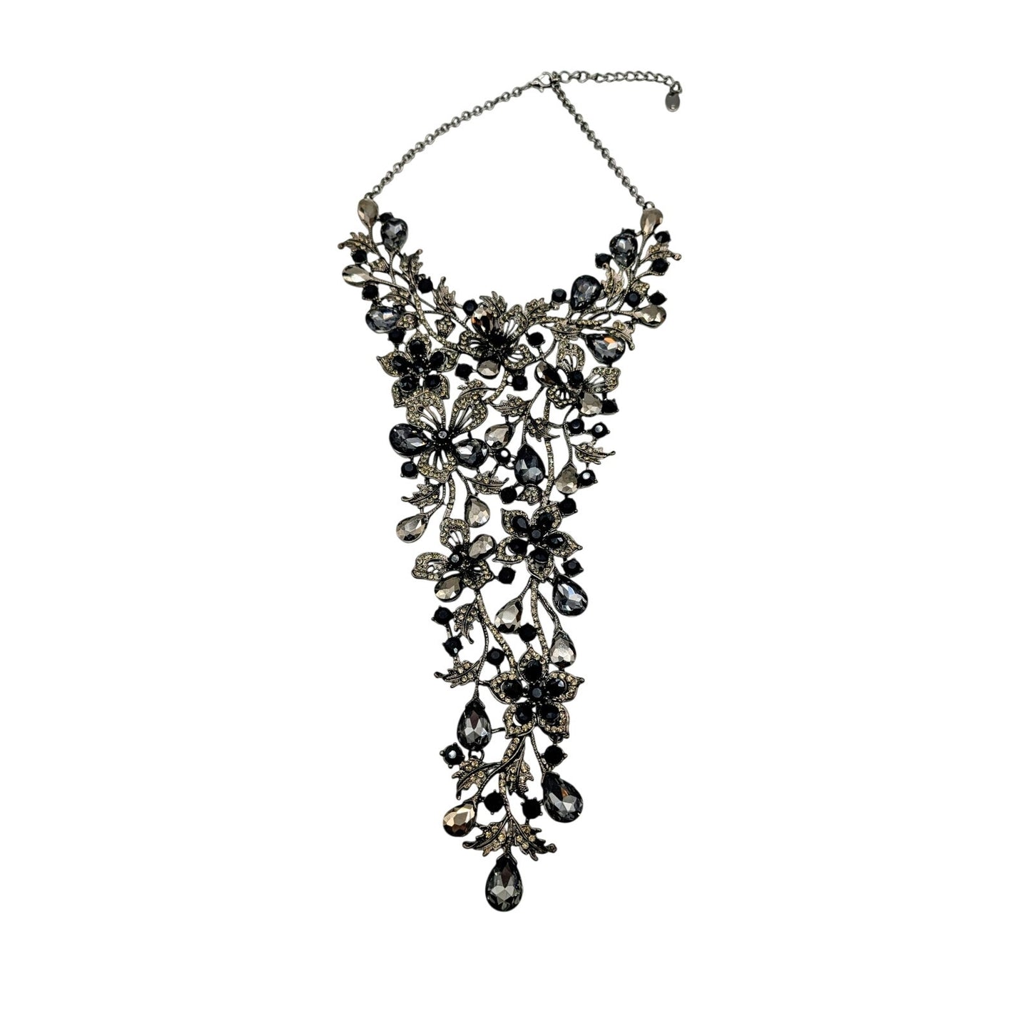 Natasha Flower Power Black Gray Metallic Stone Gun Metal Cascade Necklace