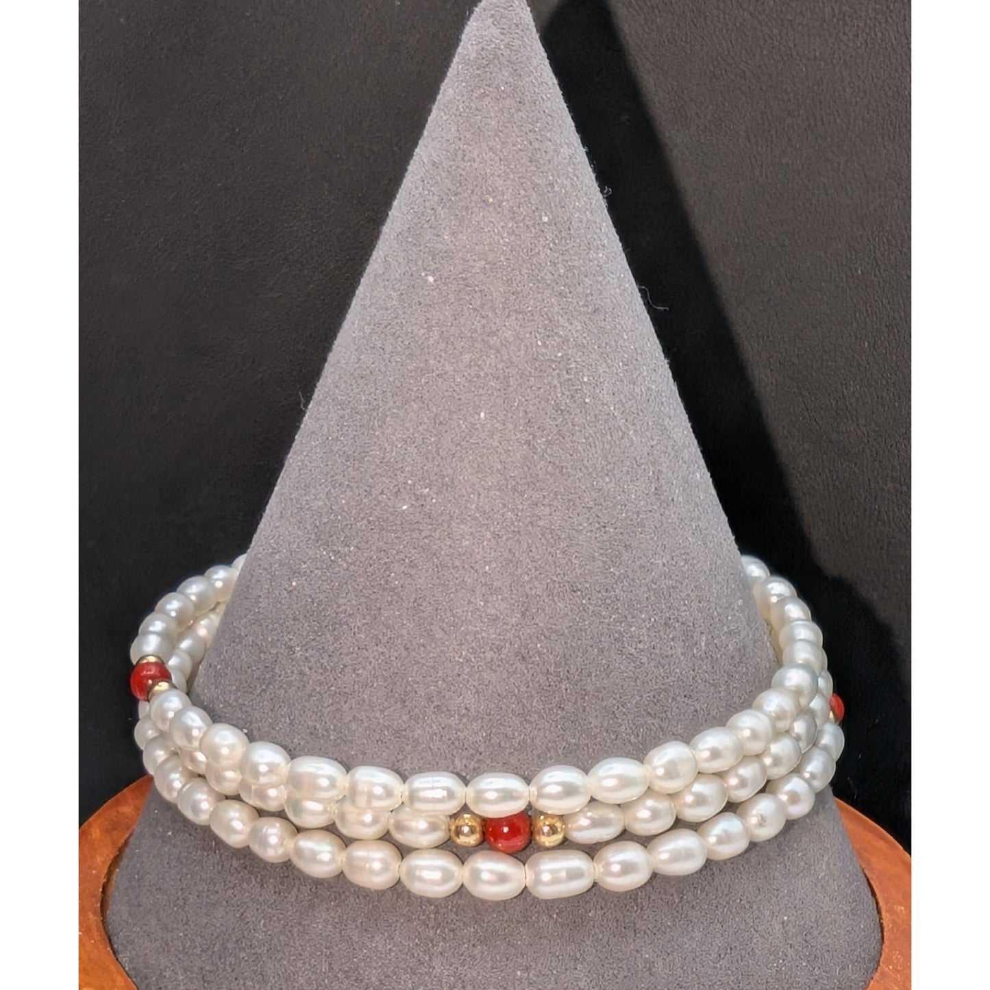 14K Gold Accent Carnelian Bead Cultured Freshwater Pearl Coiled Wire Bracelet