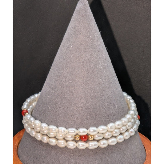 14K Gold Accent Carnelian Bead Cultured Freshwater Pearl Coiled Wire Bracelet