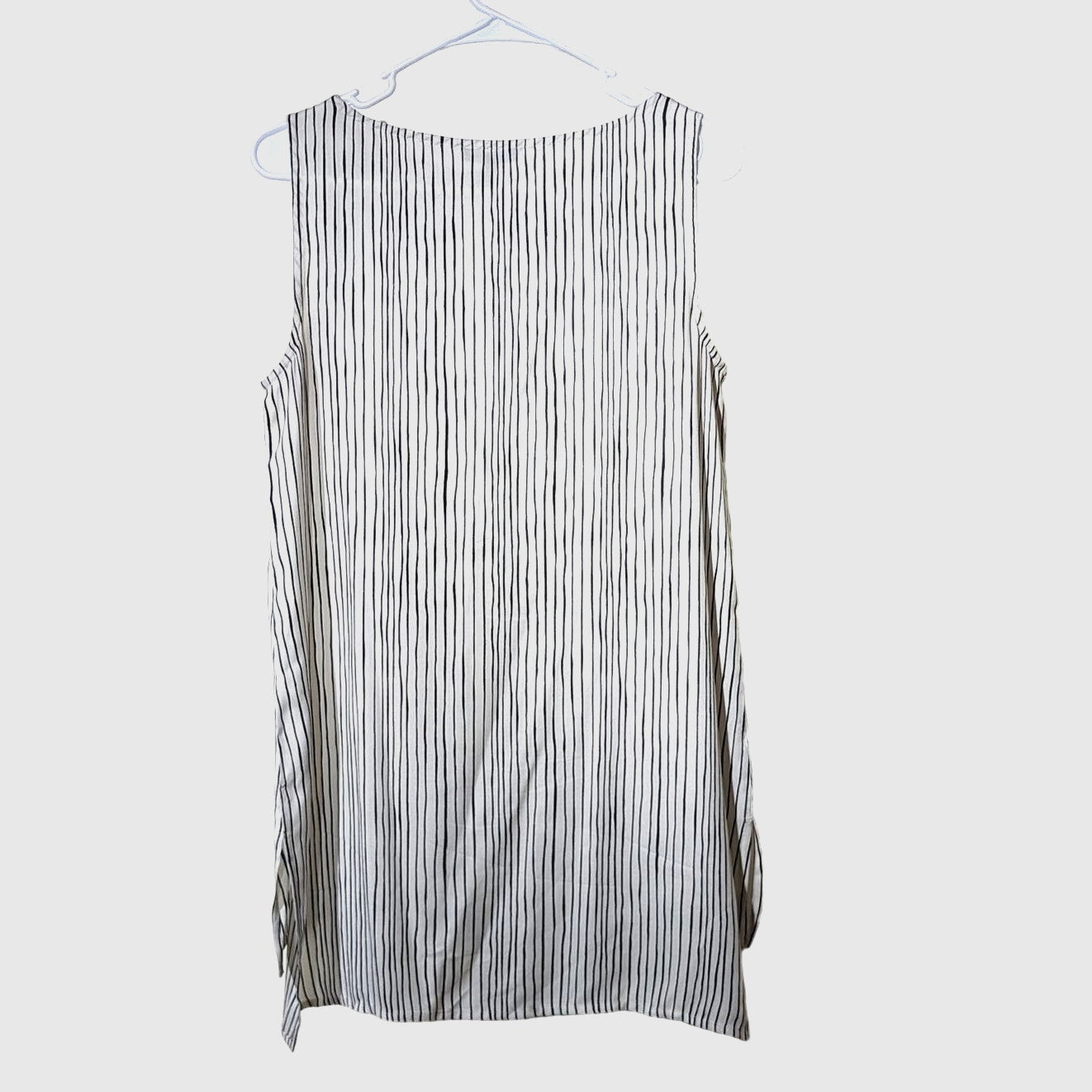 Eileen Fisher Linear Printed Silk Bateau Neck Long Shell Bone/Black Womens Sz XS