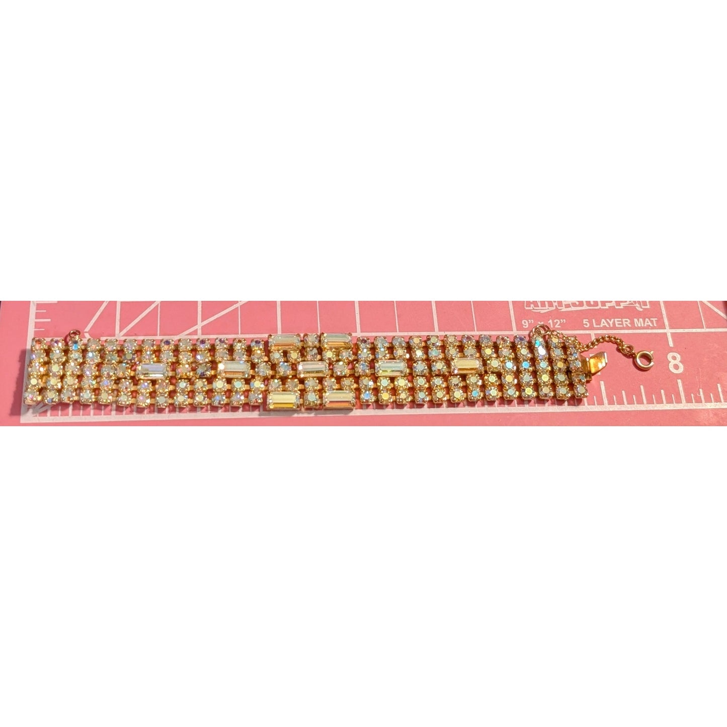 Vintage 1960s Unsigned Aurora Borealis Crystal Gold Tone Wide Bracelet W/ Safety