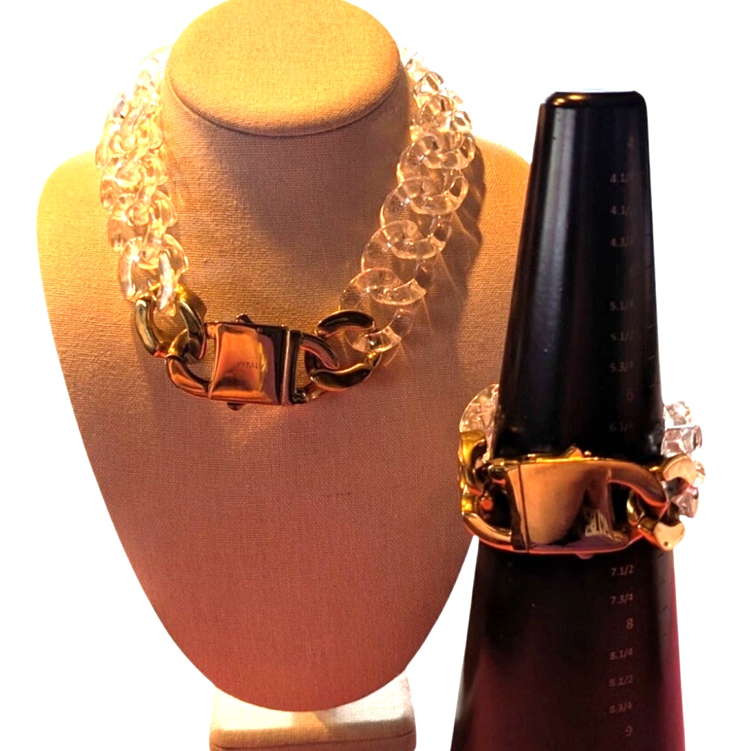 Vitaly Clear Lucite Cuban Chain Gold Tone Buckle Clasp Necklace & Bracelet Set