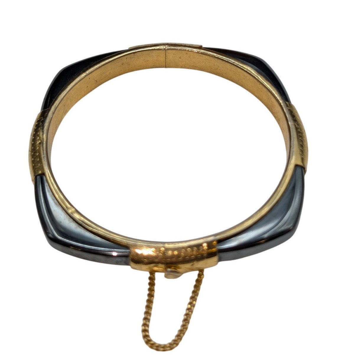 Vintage Hematite Gold Plated Hinged Squared Off Safety Chain Bangle Bracelet