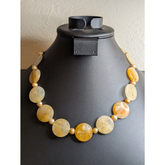 Vintage Sterling Silver Citrine Stone Champagne Genuine Pearl Beaded Necklace