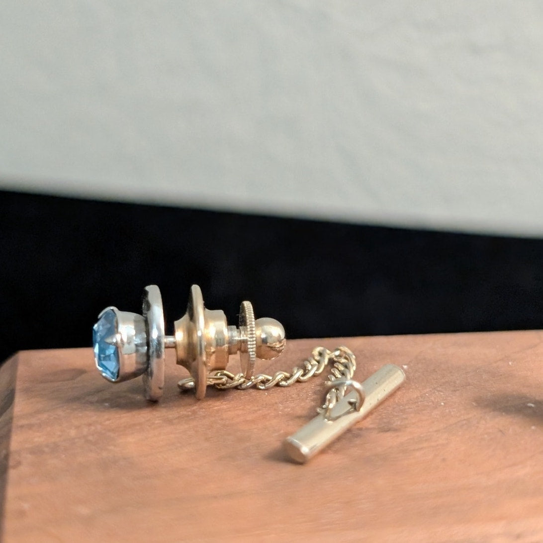 Two Blue Crystal Silvertone Tie Tacks (One by Swank)