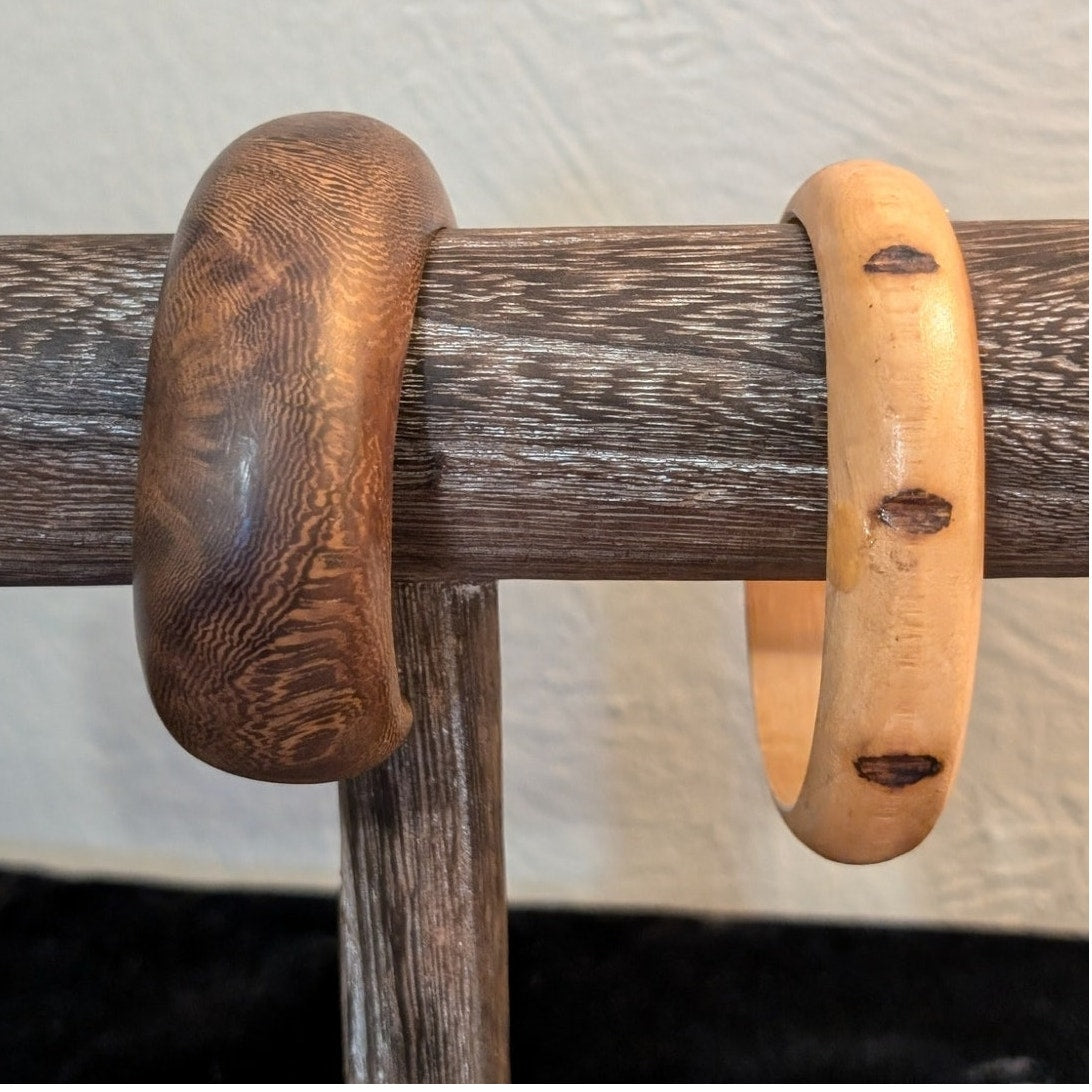 Vintage Chunky Wooden Cuff & Light Notched Wooden Bangle Bracelet