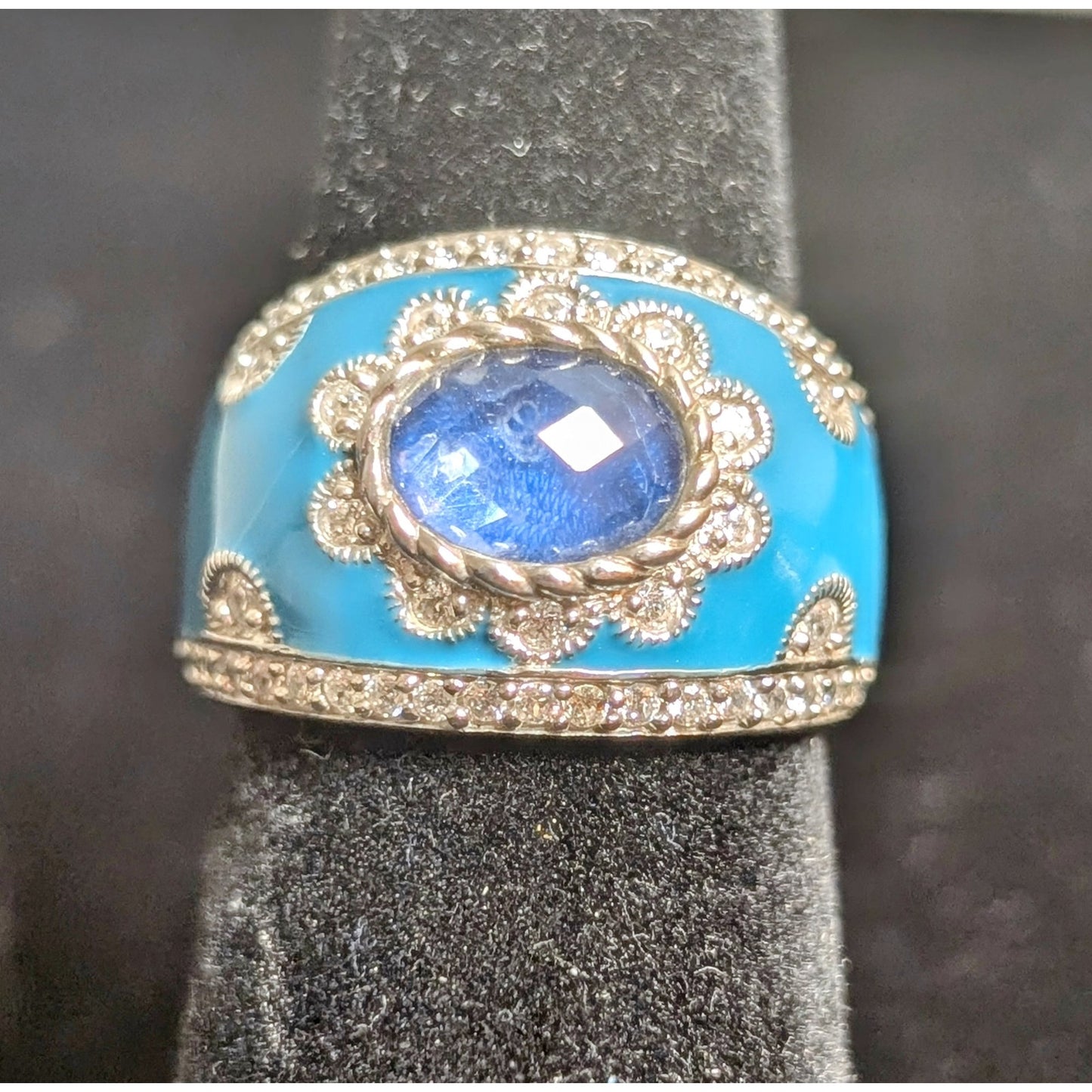 Judith Ripka Aqua Enamel Blue Spinel CZ 925 Sterling Cigar Band Ring Sz 5.75