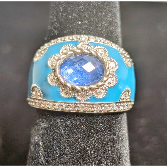 Judith Ripka Aqua Enamel Blue Spinel CZ 925 Sterling Cigar Band Ring Sz 5.75