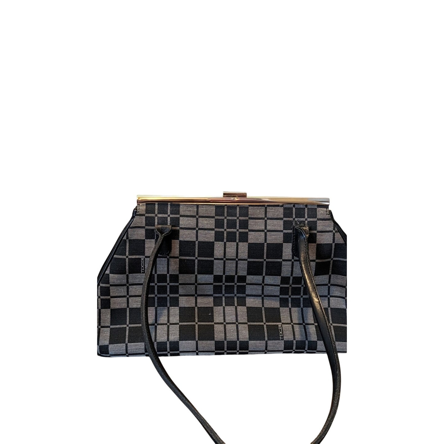 Texier Black Gray Plaid Logo Kiss Lock Double Handle Vintage Handbag