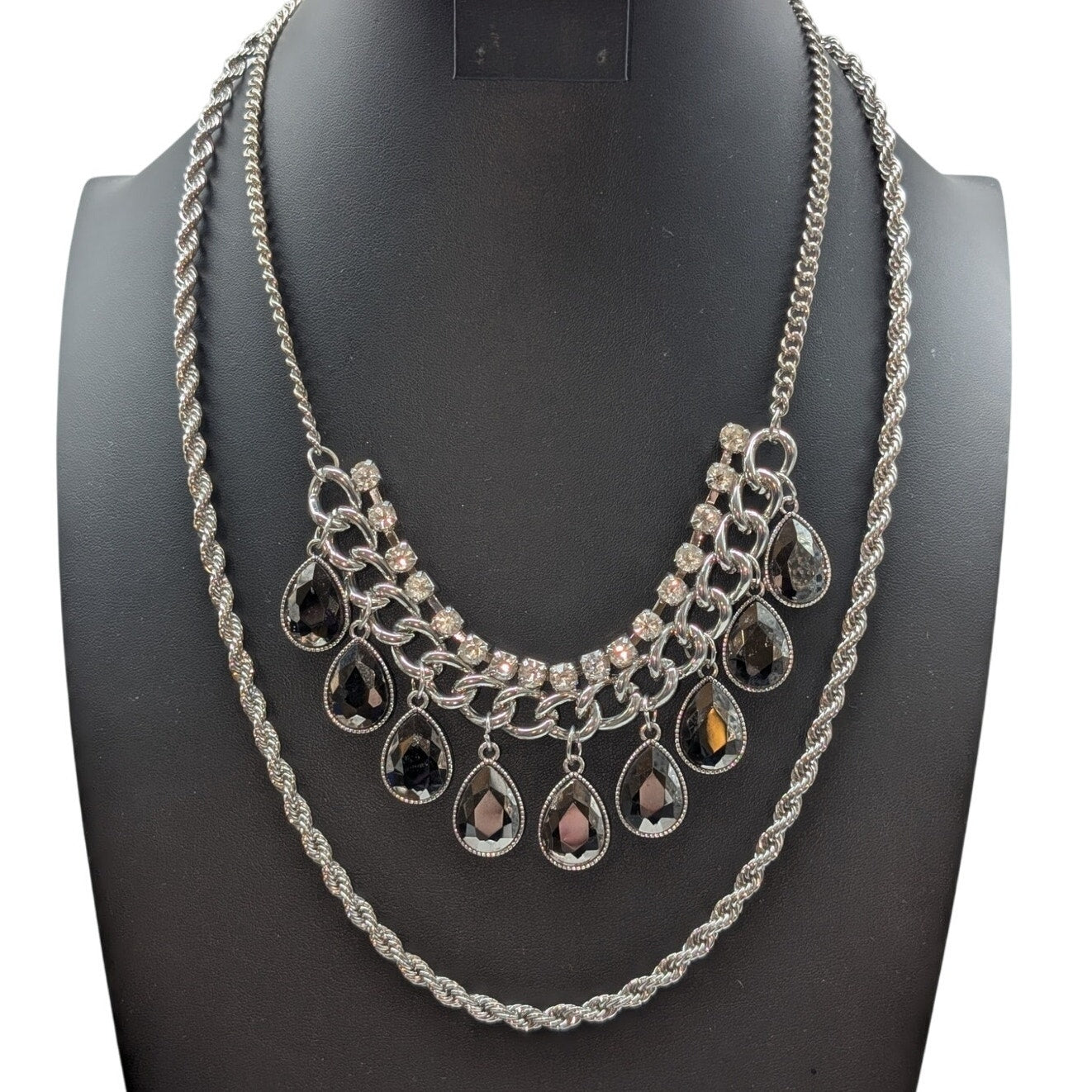 Lot of Two Silver Tone Rope Chain & Rhinestone Teardrop Dangle Necklaces