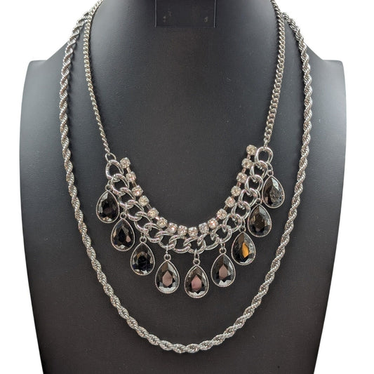 Lot of Two Silver Tone Rope Chain & Rhinestone Teardrop Dangle Necklaces