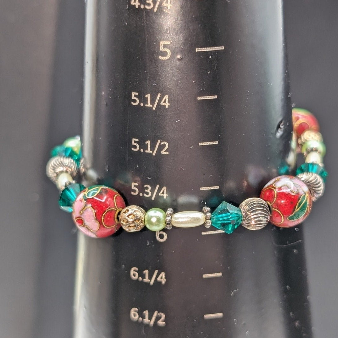925 Sterling Silver Red Cloisonne Green Crystal Sterling Bead Bracelet