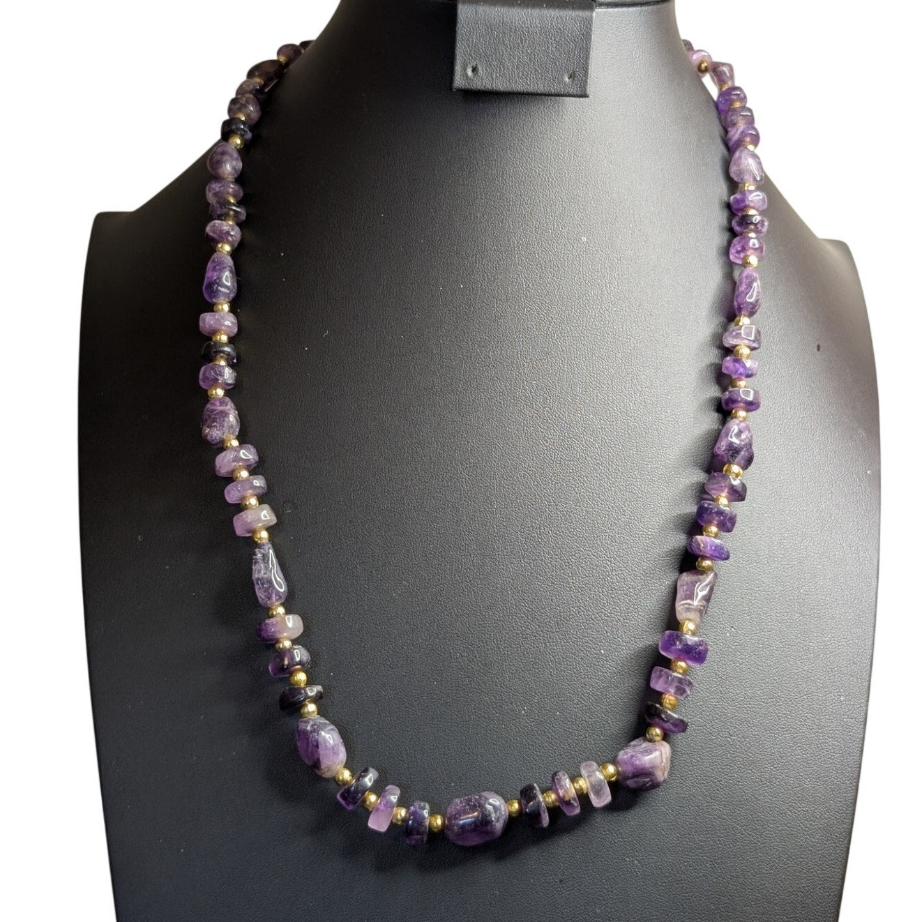 Vintage Amethyst & Topaz Stone & Gold Tone Round Bead Barrel Clasp Necklace