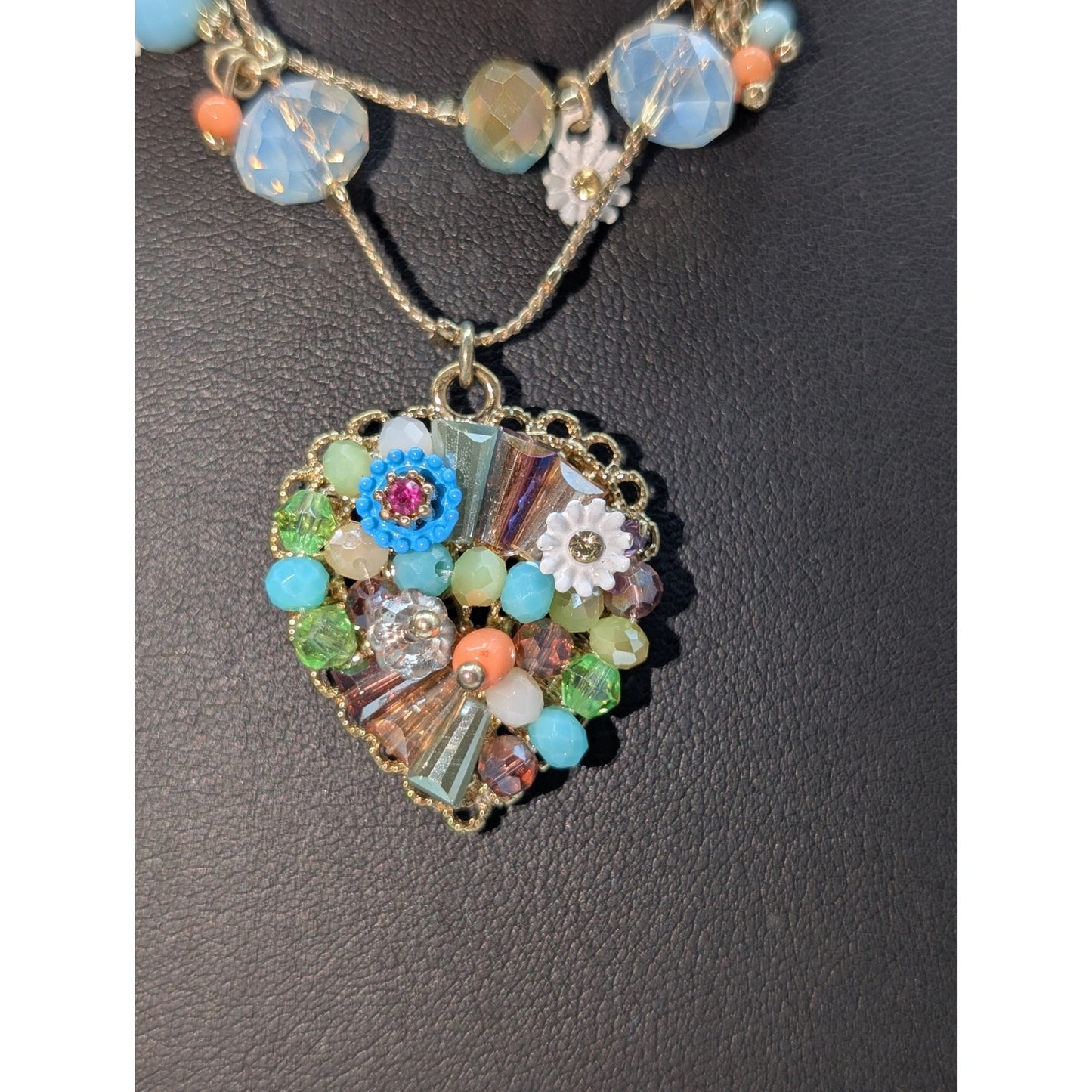 Betsey Johnson Three Strand Gold Tone Crystal Bead Studded Heart Necklace