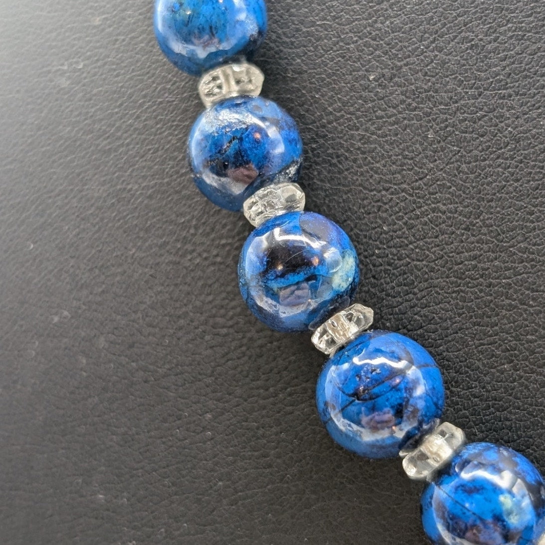 VTG 14K Gold Clasp Navy Blue Black Vein Graduated Beads & Crystal 21" Necklace