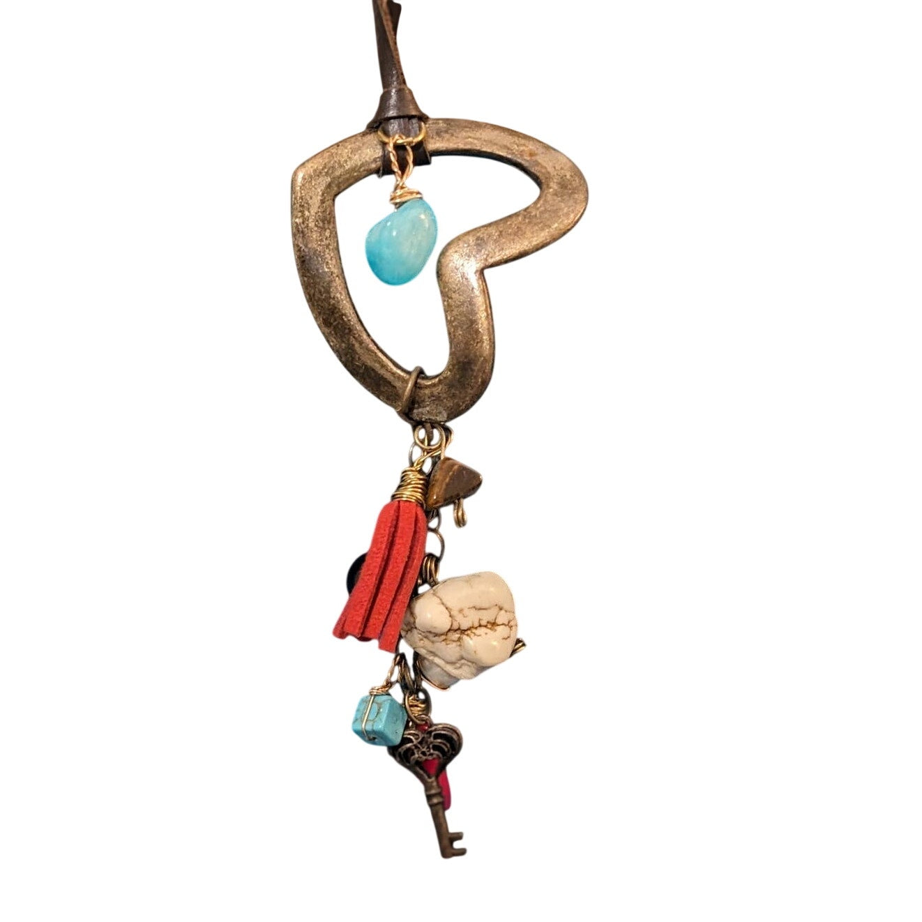 Artisan Cord with Heart, Stone, Tassel, Key and Other Charms Cluster Necklace
