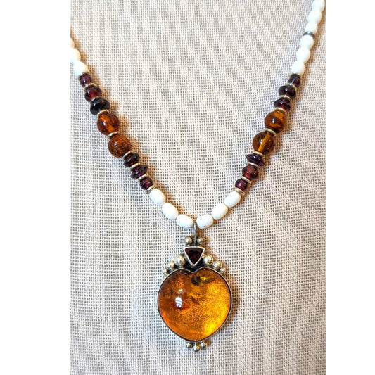 DEL Sterling Amber Heart Amber Garnet Freshwater Pearl Pendant Necklace