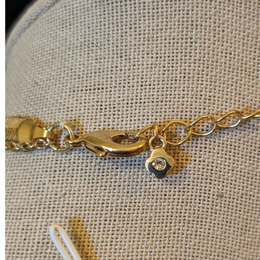Gold Tone Double Layer Wide Herringbone & Druzy Bar Necklace