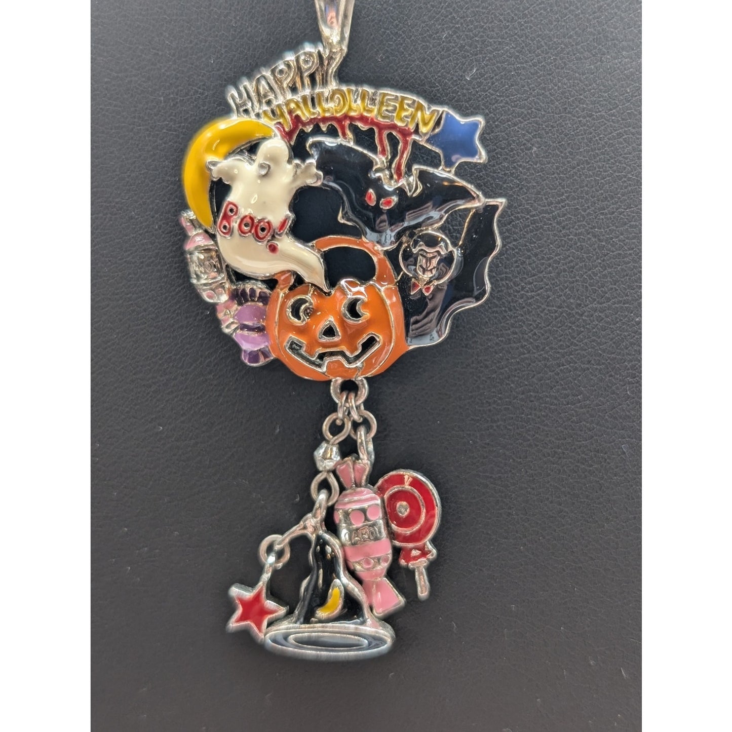 Happy Halloween Pumpkin Boo Ghost Bat Vampire Enamel Silver Tone 17" Necklace