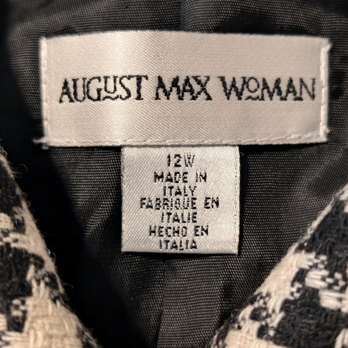 VTG August Max Woman Black/White Houndstooth Button Front Lined Jacket Sz 12W