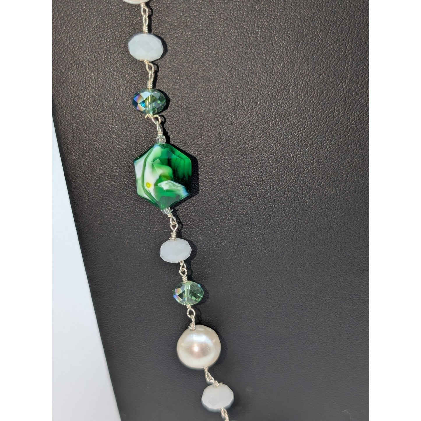 925 Sterling Silver Green White Swirl Glass Genuine Pearl Crystal 34" Necklace