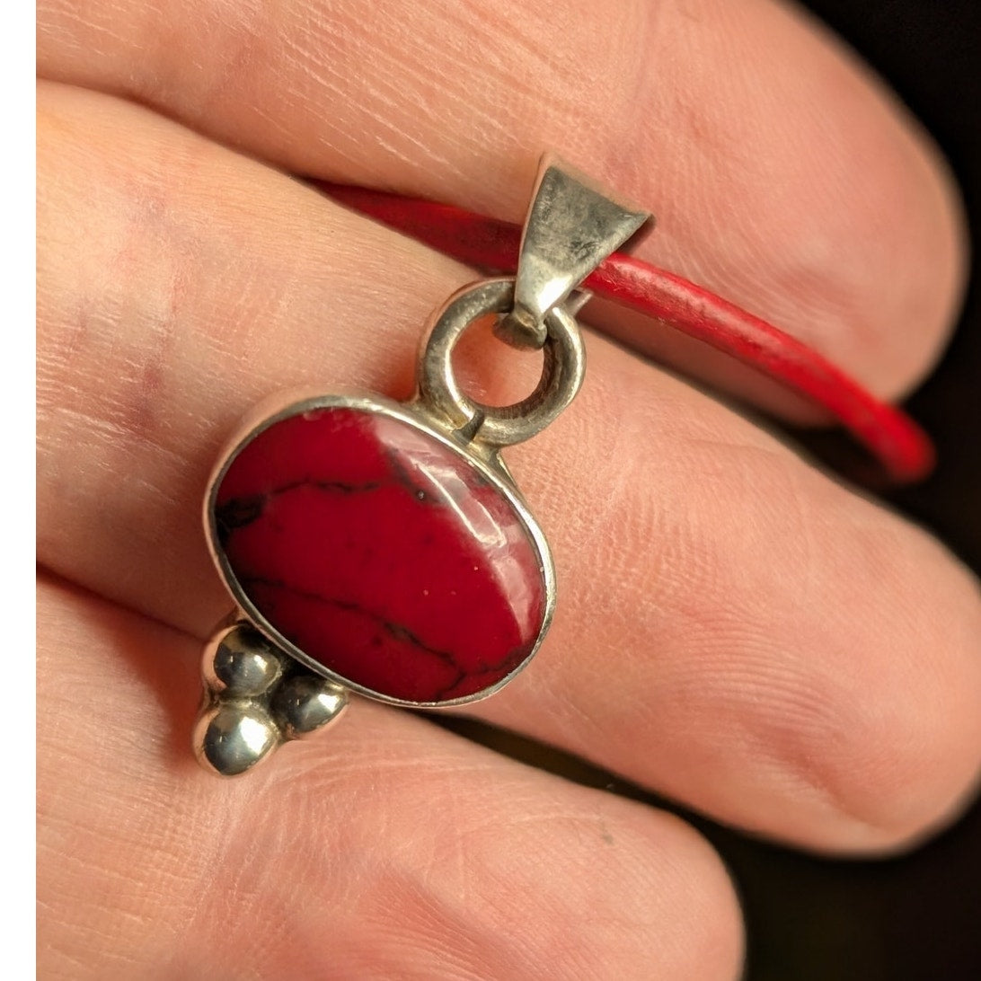 Vtg 925 Sterling Mexican Taxco Red Jasper Pendant Red Leather Cord Necklace