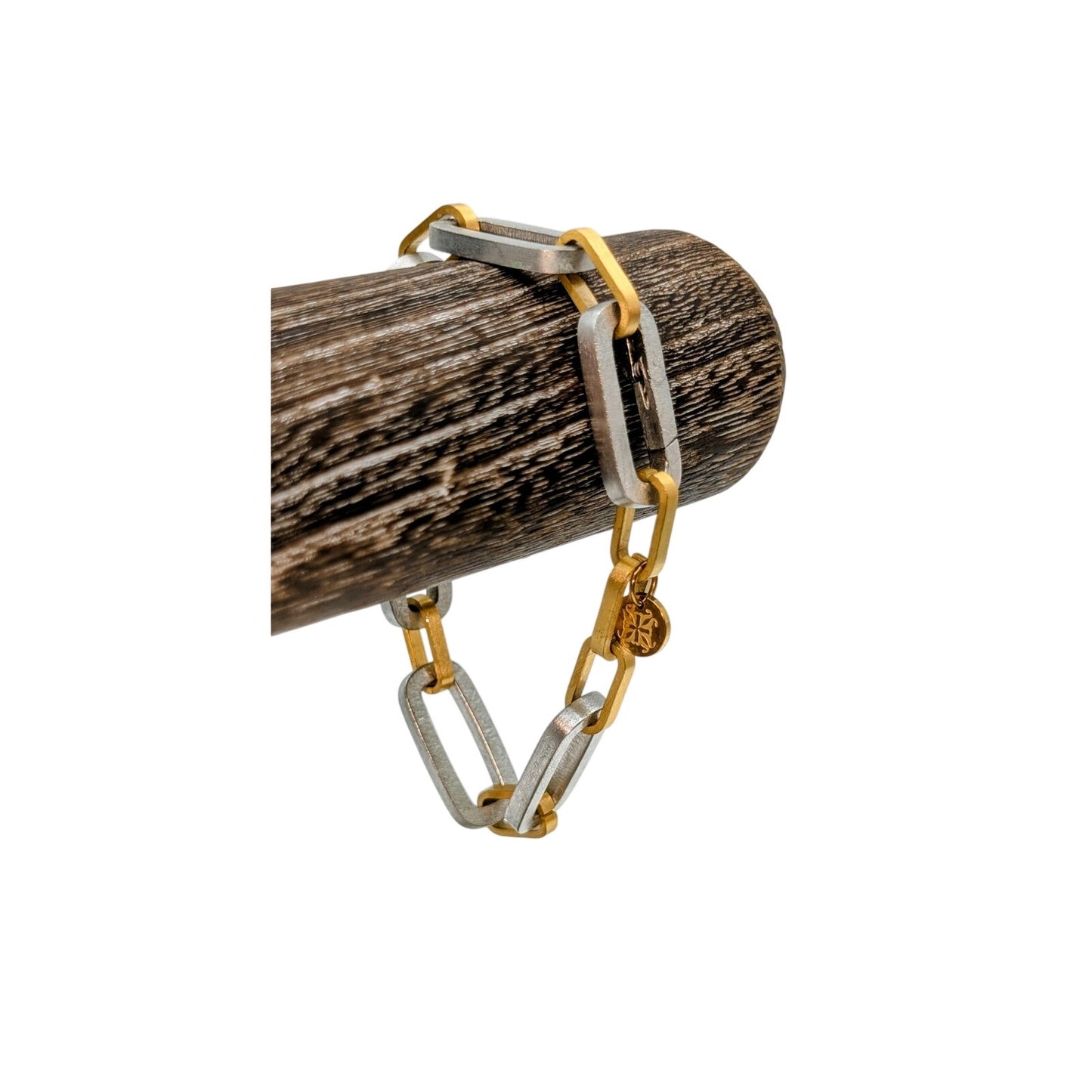 RC Rustic Cuff Bracelet Oval Bar Link Signed Two Tone Metal Bracelet