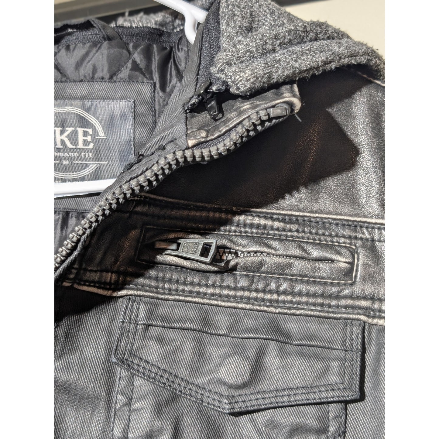 BKE Standard Fit Washed Out Charcoal Front Zip Removable Hood Bikers Jacket Sz M