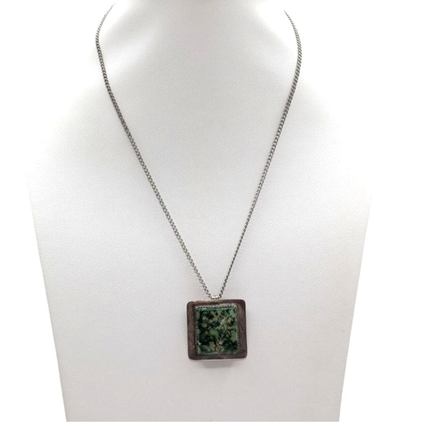 Vintage Sterling Silver Green Turquoise Stone Pendant 18" Chain Necklace
