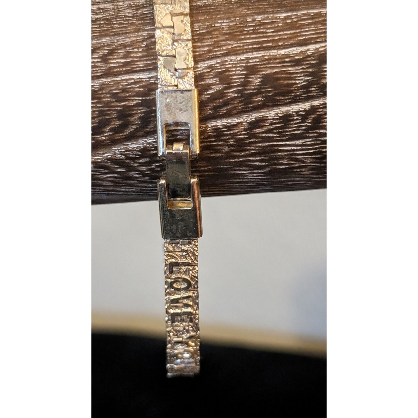 Vintage Silver Tone Silver Nugget 'I Love You' Bracelet W/ Fold Over Clasp