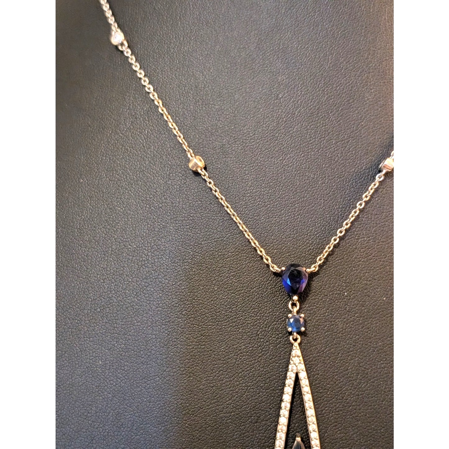 Carolee Faux Sapphire Silver Tone Linear Teardrop 19" Necklace