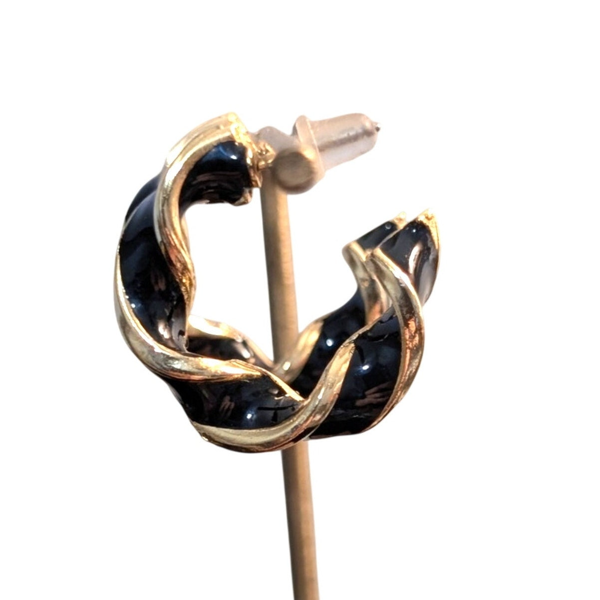 Vintage Gold Tone Navy/Black Enamel Twisted Half Hoop Post Earrings