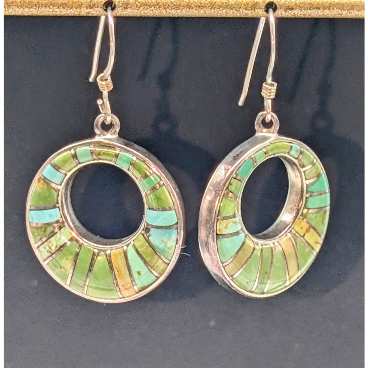 Vintage Signed M Sterling Silver Stone Inlay Southwest Donut Dangle Earrings