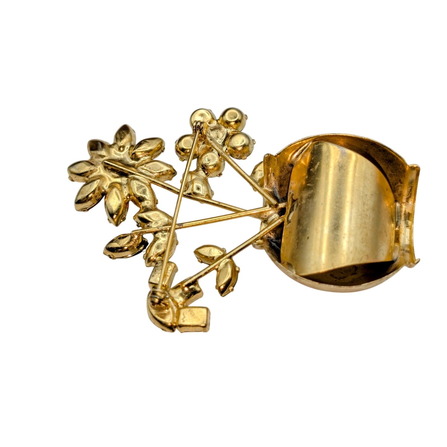 VTG Mid-Century Multi-Color Glass Stone Flowers in Gold Tone Flower Pot Brooch
