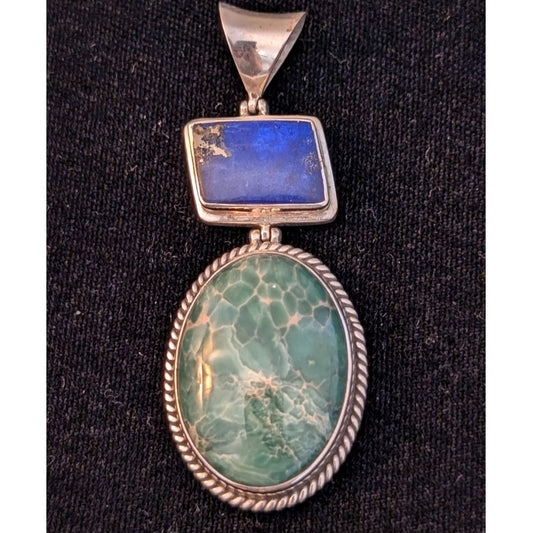 Vintage Native American Green Marbled Stone & Blue Lapiz Hinged 925 Pendant