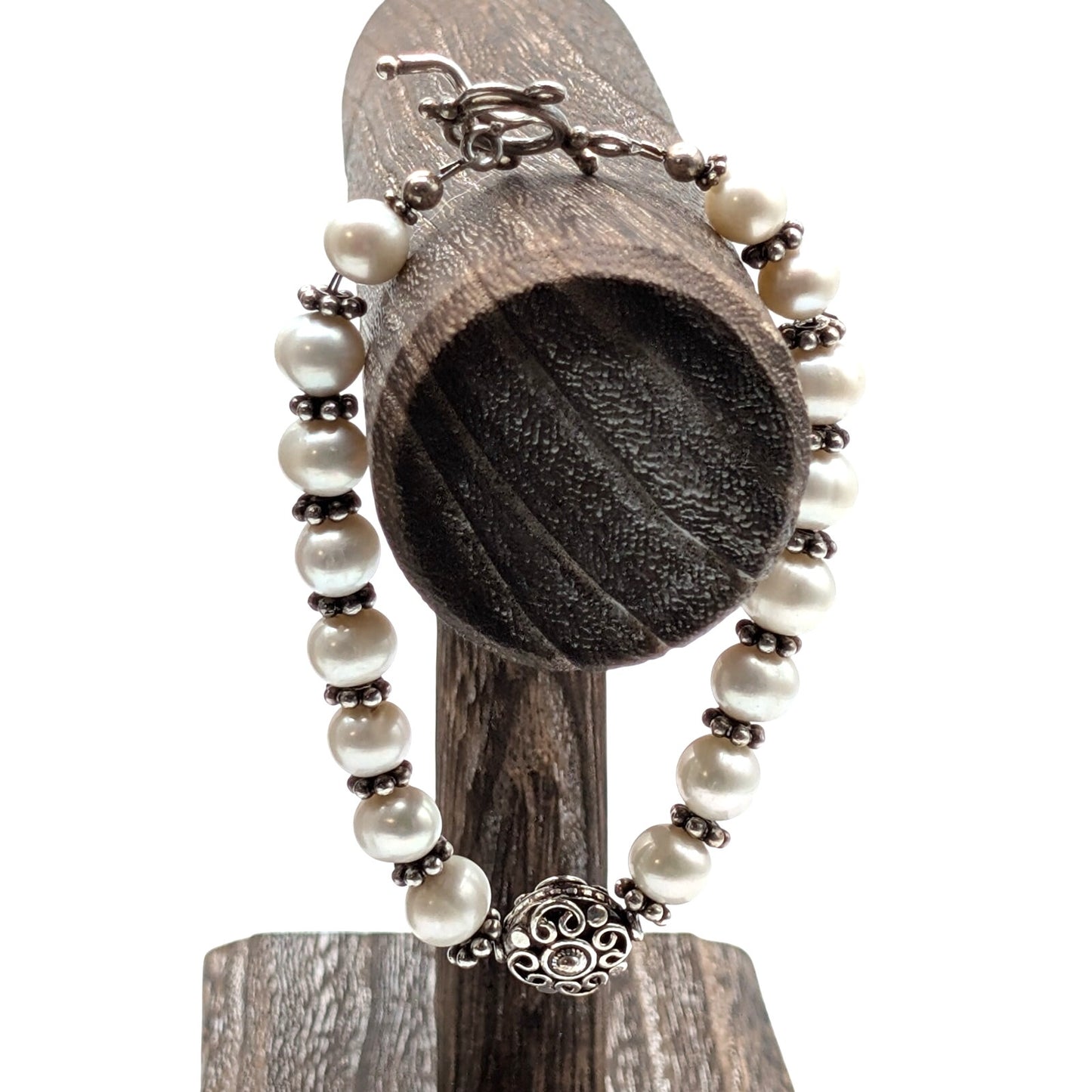 Genuine Freshwater Pearl 925 Sterling Silver Fancy Toggle Clasp Bracelet