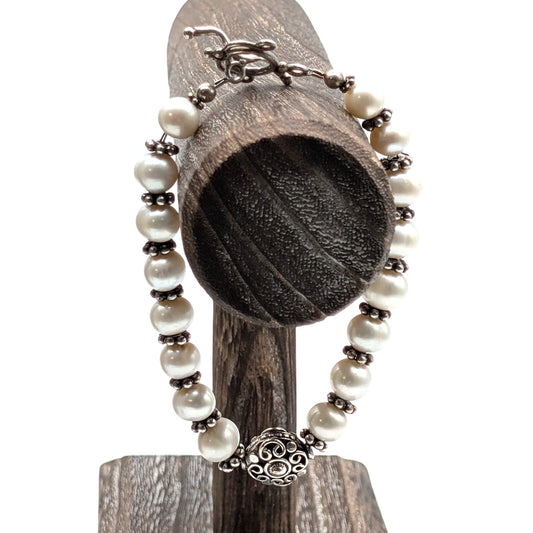 Genuine Freshwater Pearl 925 Sterling Silver Fancy Toggle Clasp Bracelet