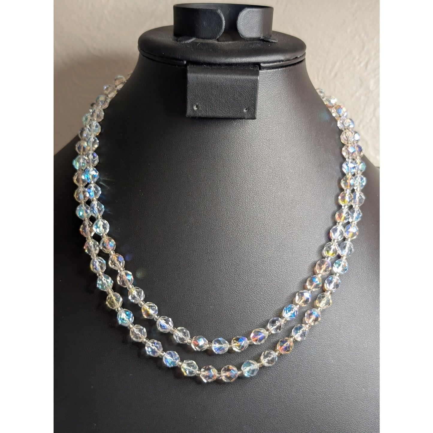 Vintage Aurora Borealis Faceted Crystal Double Strand Box Clasp 20" Necklace